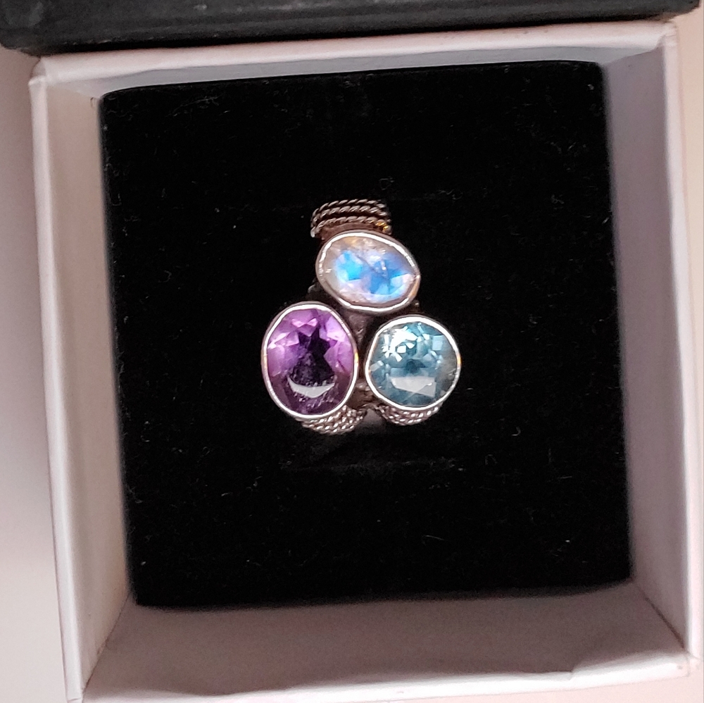Artisan Sterling Silver Three Stone Ring 925 Amethyst, Moonstone, Blue Topaz Sz8
